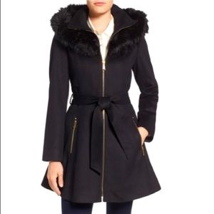 Laundry Wool Fit and Flare Coat with Fur Hood